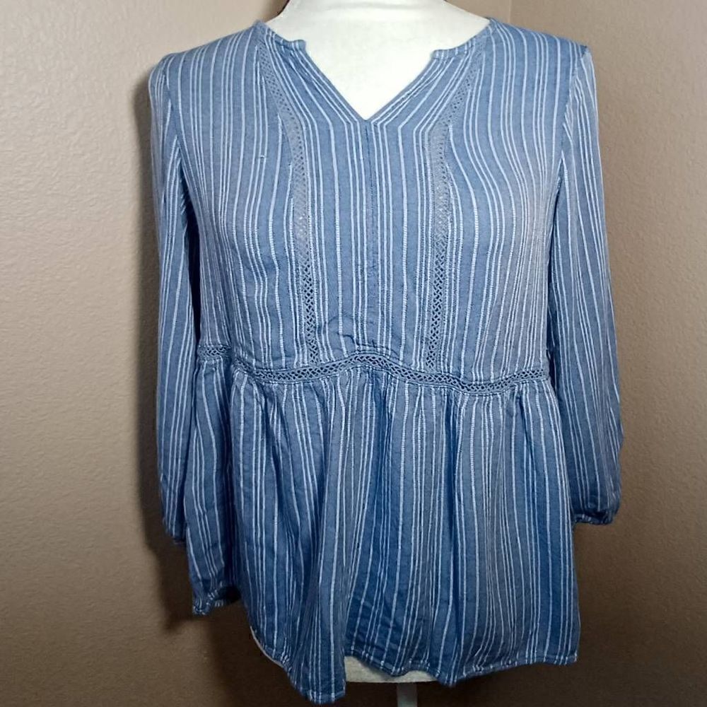 Fever Women’s Rayon Blue Embroidered Flared Striped V-Neck Blouse S